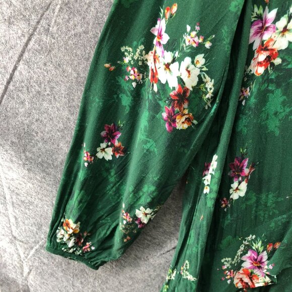 H&M Long Sleeve Ruffle Midi Dress 12 Green Floral High Neck Boho Cottagecore - Picture 5 of 9